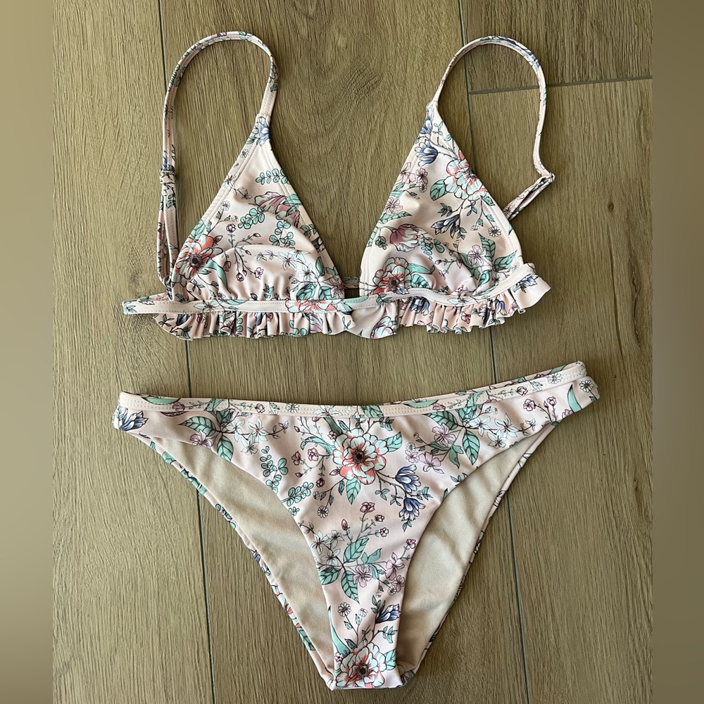 PacSun Pink and Green Bikini Set Floral Swimwear
